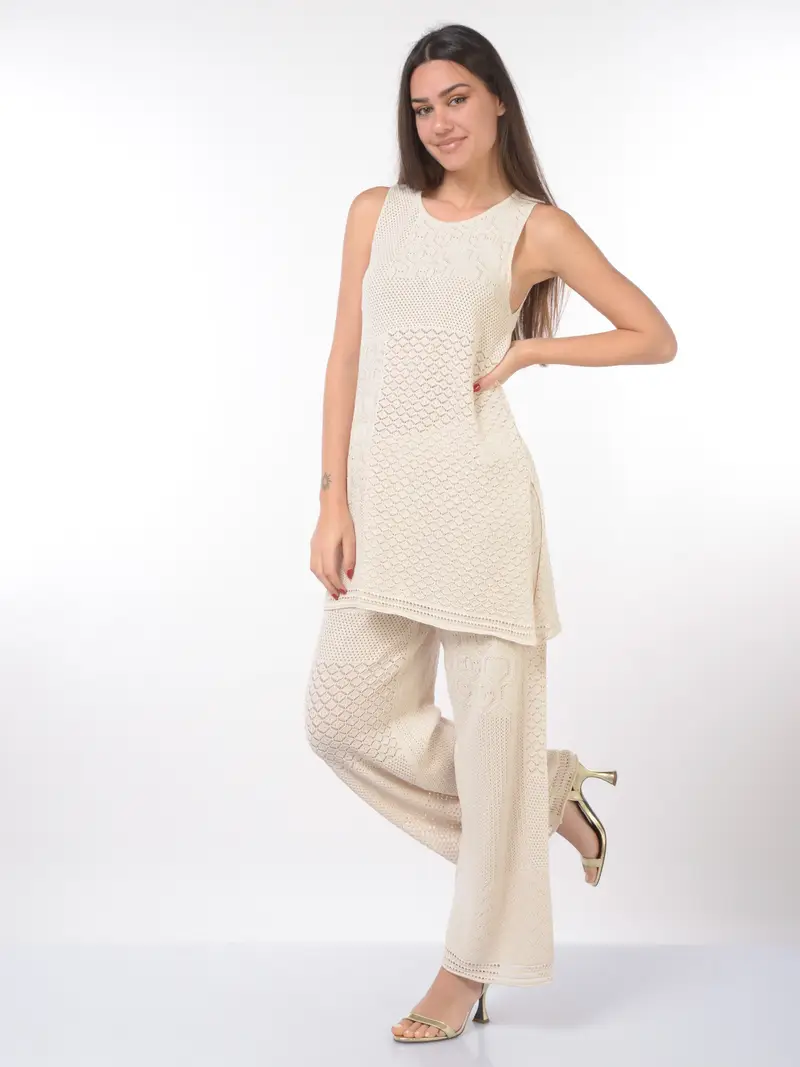 blusa da donna Akep lungo in maglia punto pizzo BEIGE miniatura 2