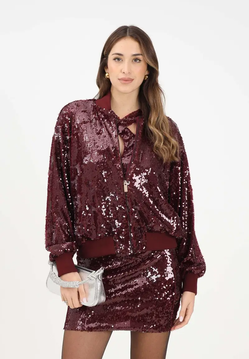 Bomber bordeaux da donna interamente ricoperto di paillettes miniatura 2