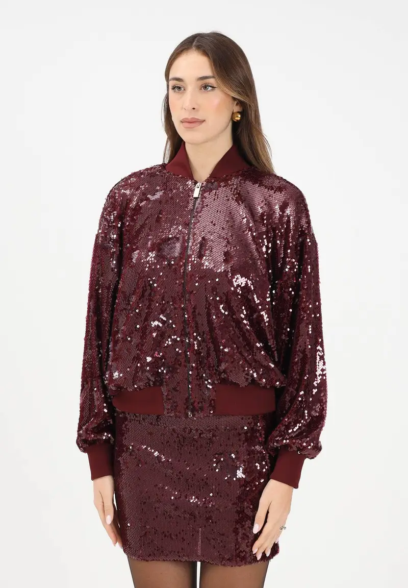Bomber bordeaux da donna interamente ricoperto di paillettes