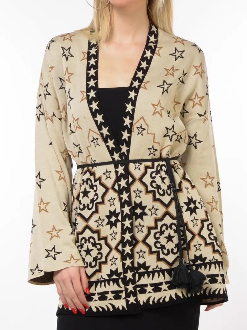 cardigan da donna Akep a stelle con cintura BEIGE