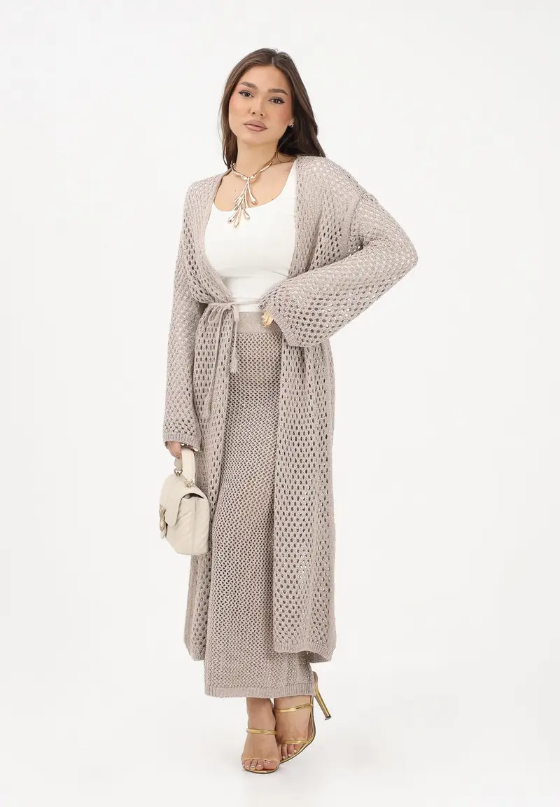 Cardigan lungo beige da donna in maglia traforata con cintura miniatura 2