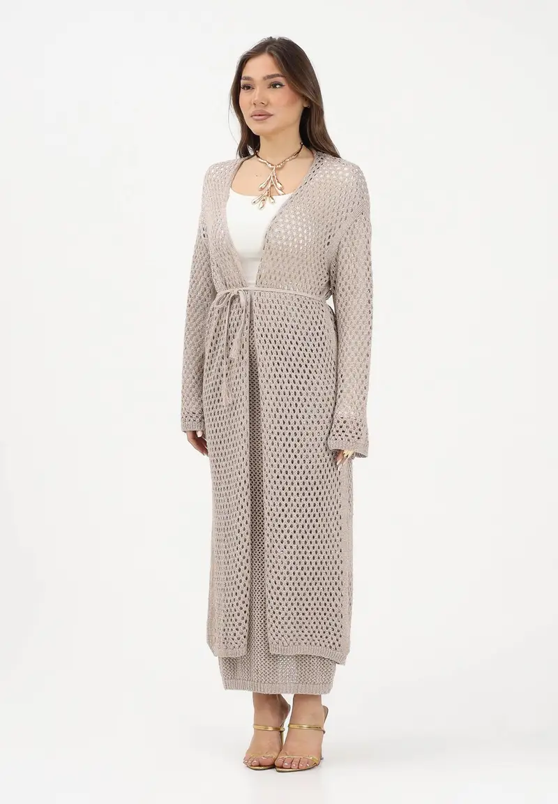 Cardigan lungo beige da donna in maglia traforata con cintura