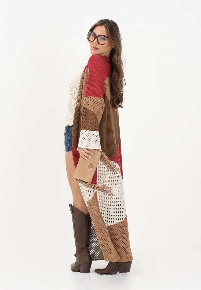 Cardigan lungo multicolore da donna in maglia traforata miniatura 2