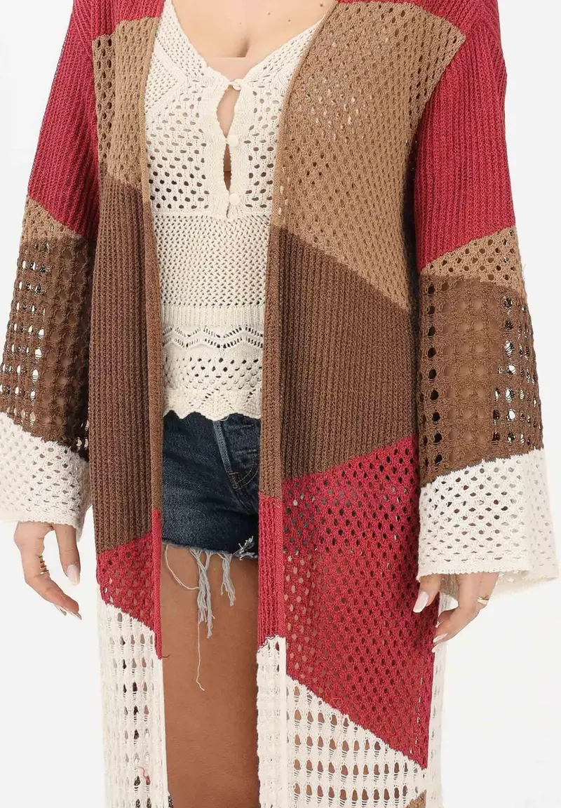 Cardigan lungo multicolore da donna in maglia traforata miniatura 3