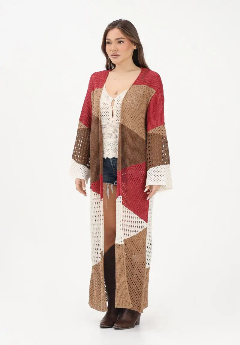 Cardigan lungo multicolore da donna in maglia traforata