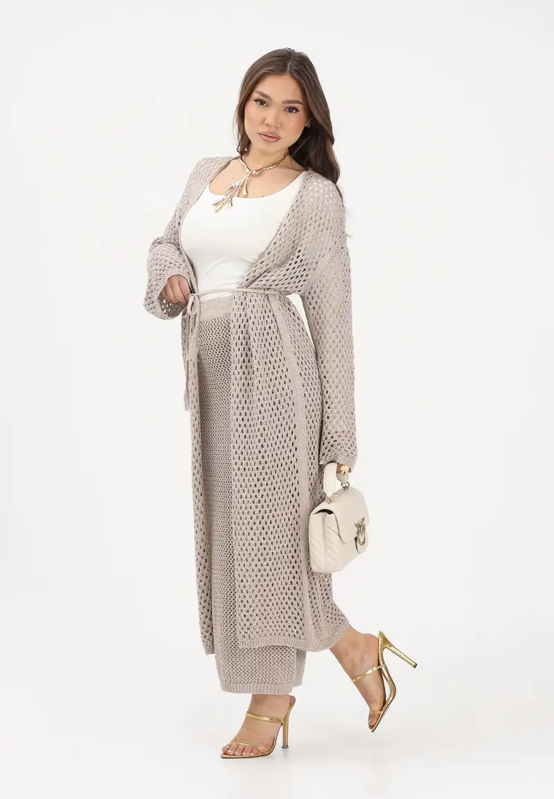 Gonna lunga beige da donna con spacco e dettagli trasparenza miniatura 2