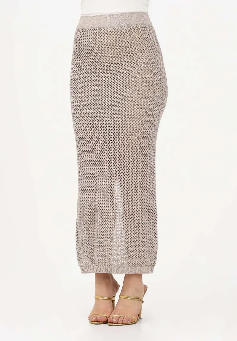 Gonna lunga beige da donna con spacco e dettagli trasparenza