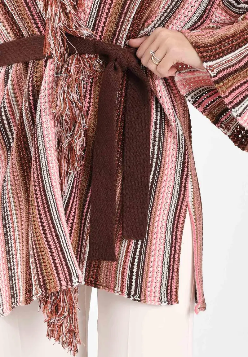 Kimono rosa da donna in maglia rigata multicolor miniatura 3