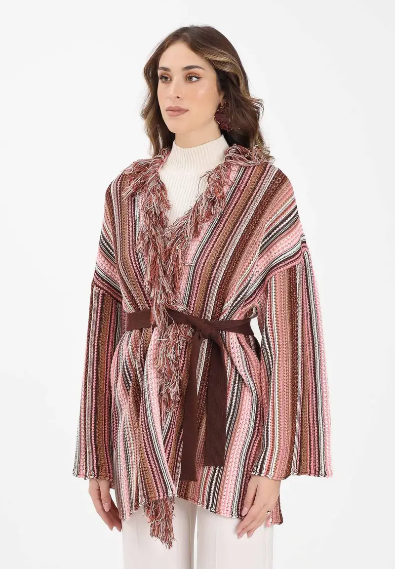 Kimono rosa da donna in maglia rigata multicolor