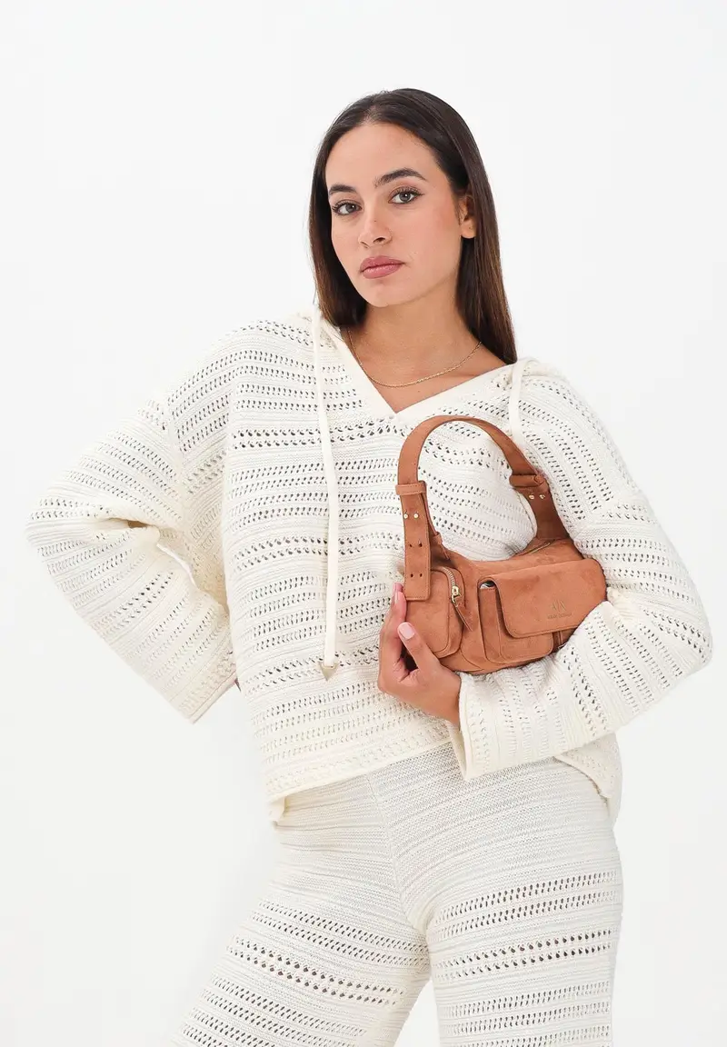 Maglia con cappuccio panna da donna dalla lavorazione traforata miniatura 2