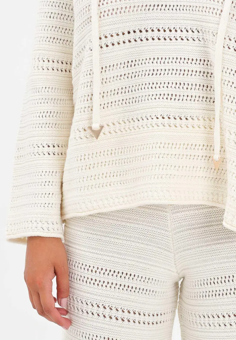 Maglia con cappuccio panna da donna dalla lavorazione traforata miniatura 3