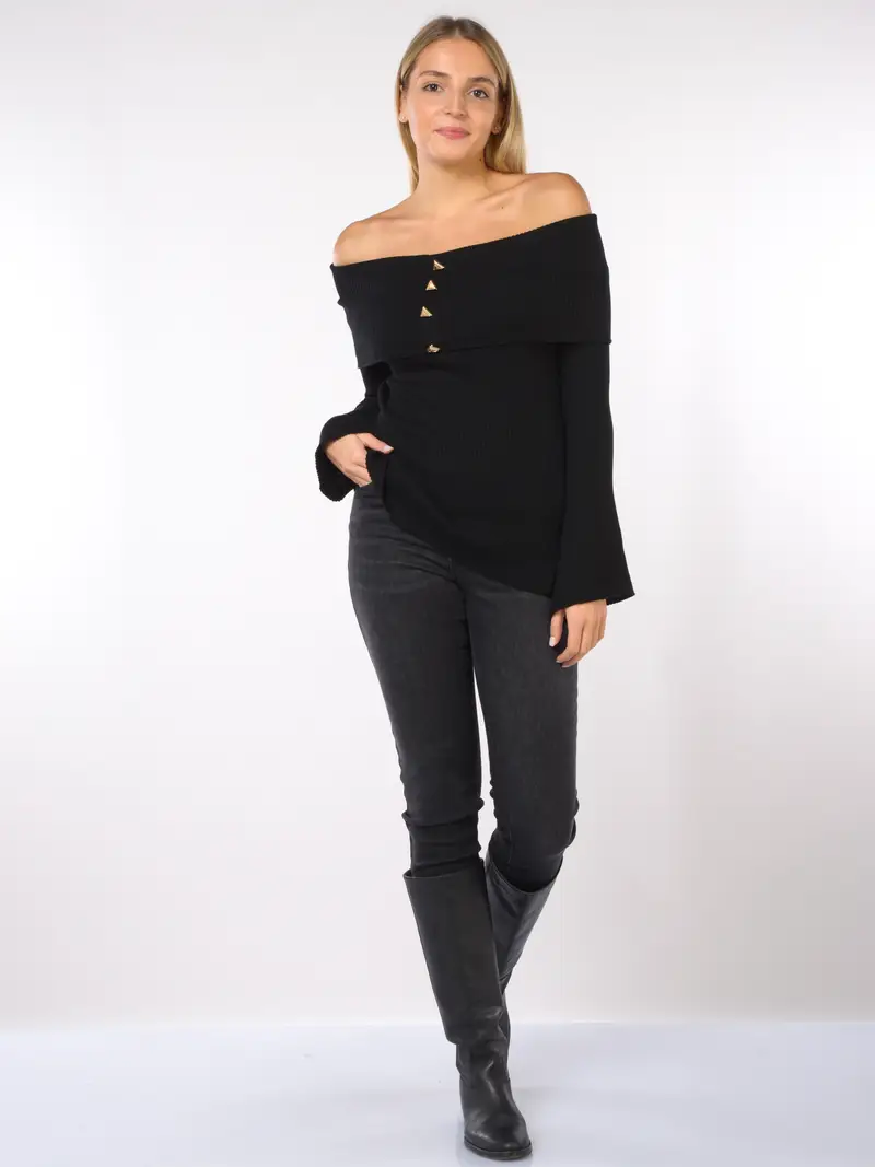 maglia da donna Akep con scollo omerale e bottoni NERO miniatura 2