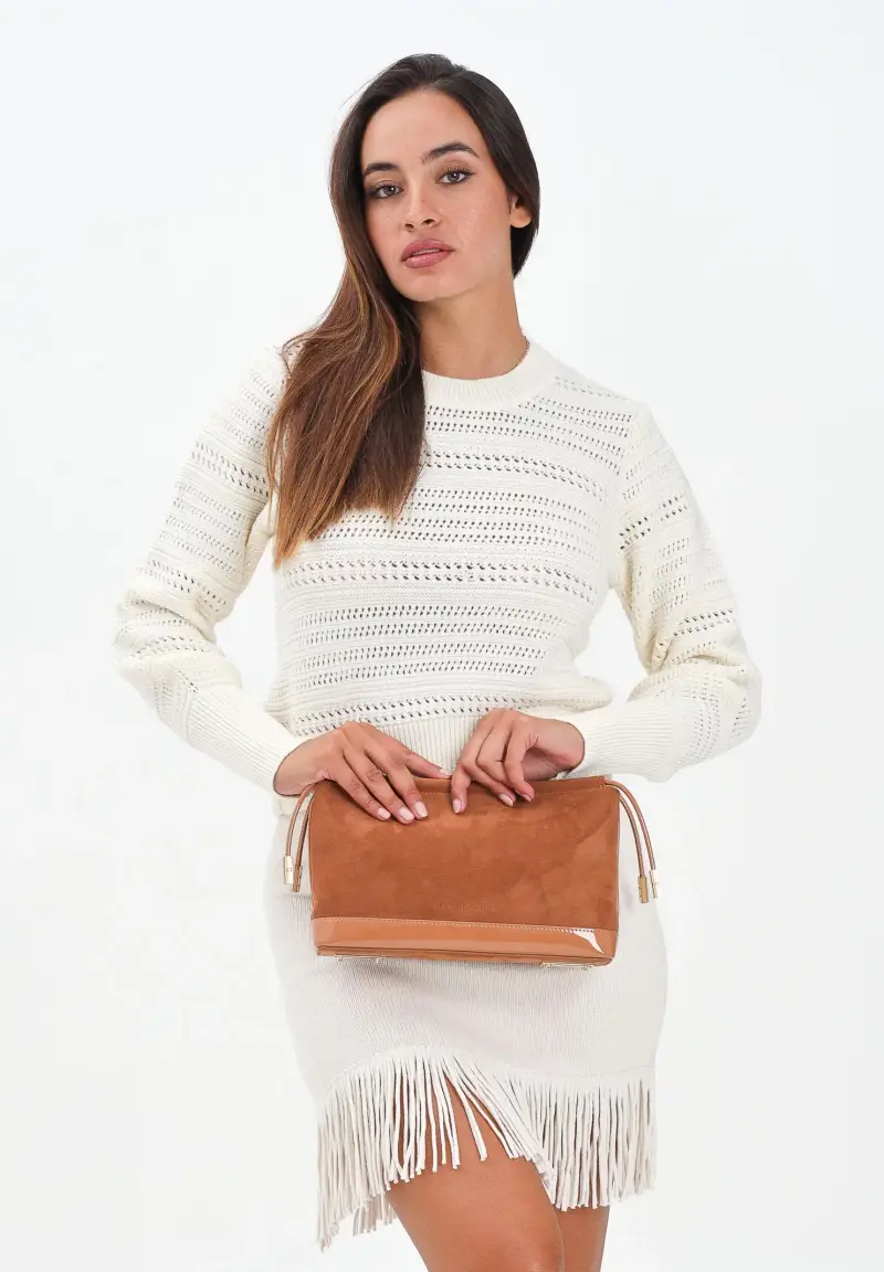 Maglia girocollo panna da donna con lavorazione a righe traforate miniatura 2