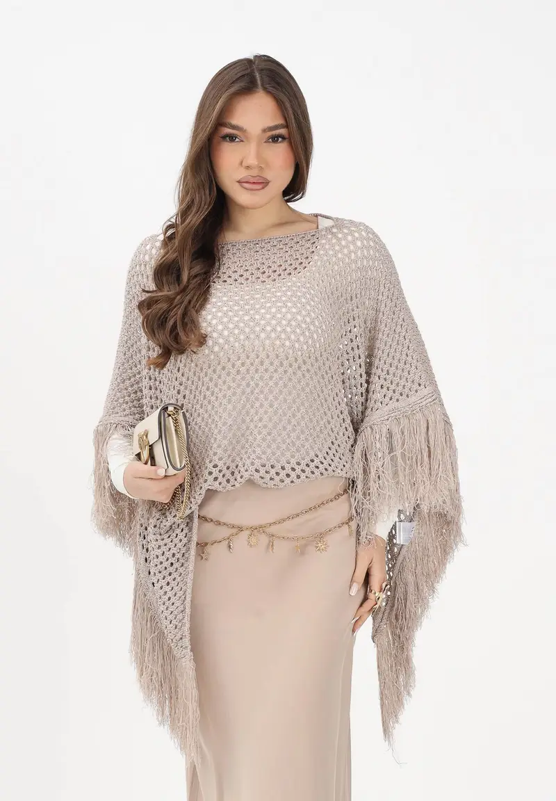 Mantella beige da donna con frange miniatura 2