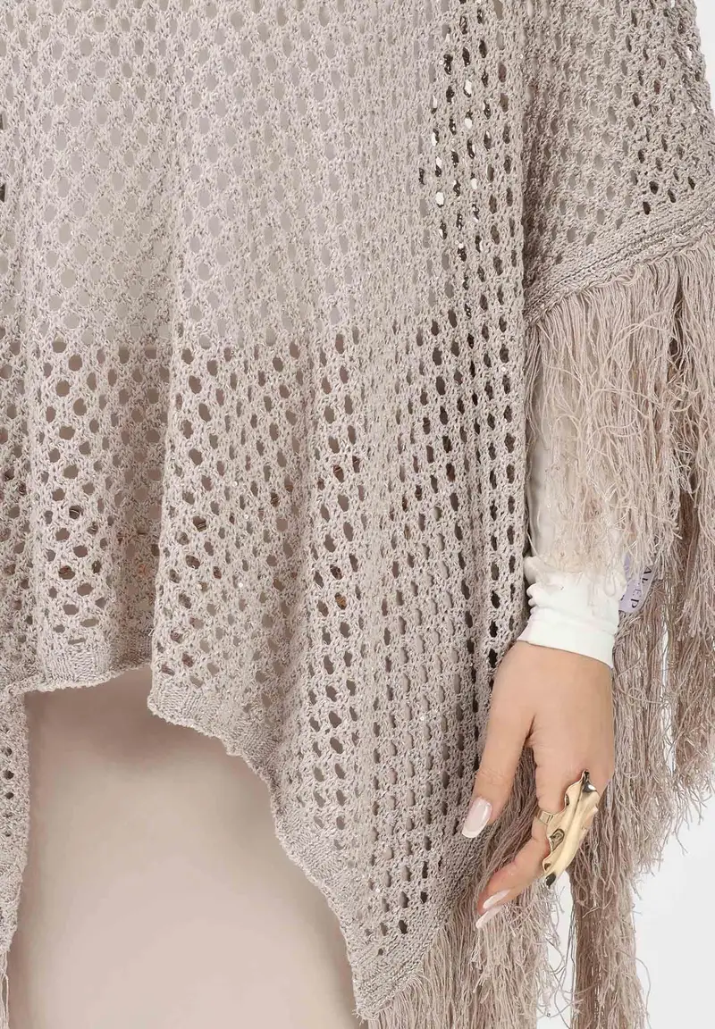 Mantella beige da donna con frange miniatura 3