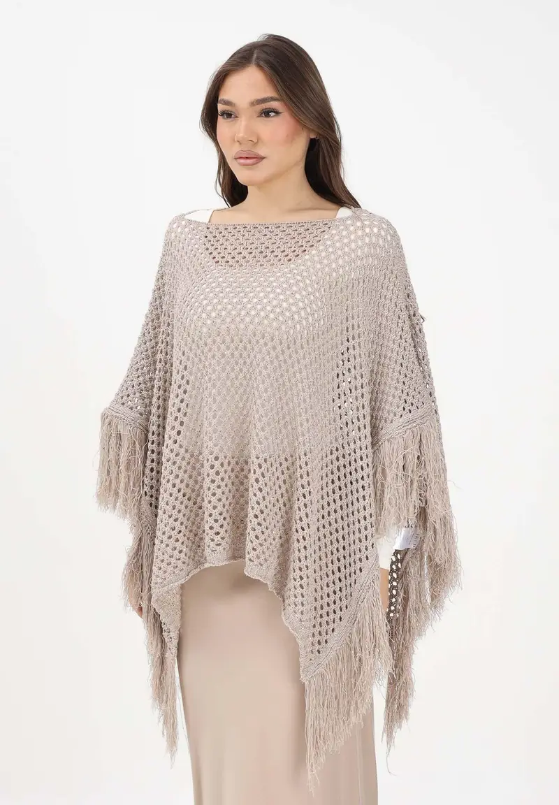 Mantella beige da donna con frange