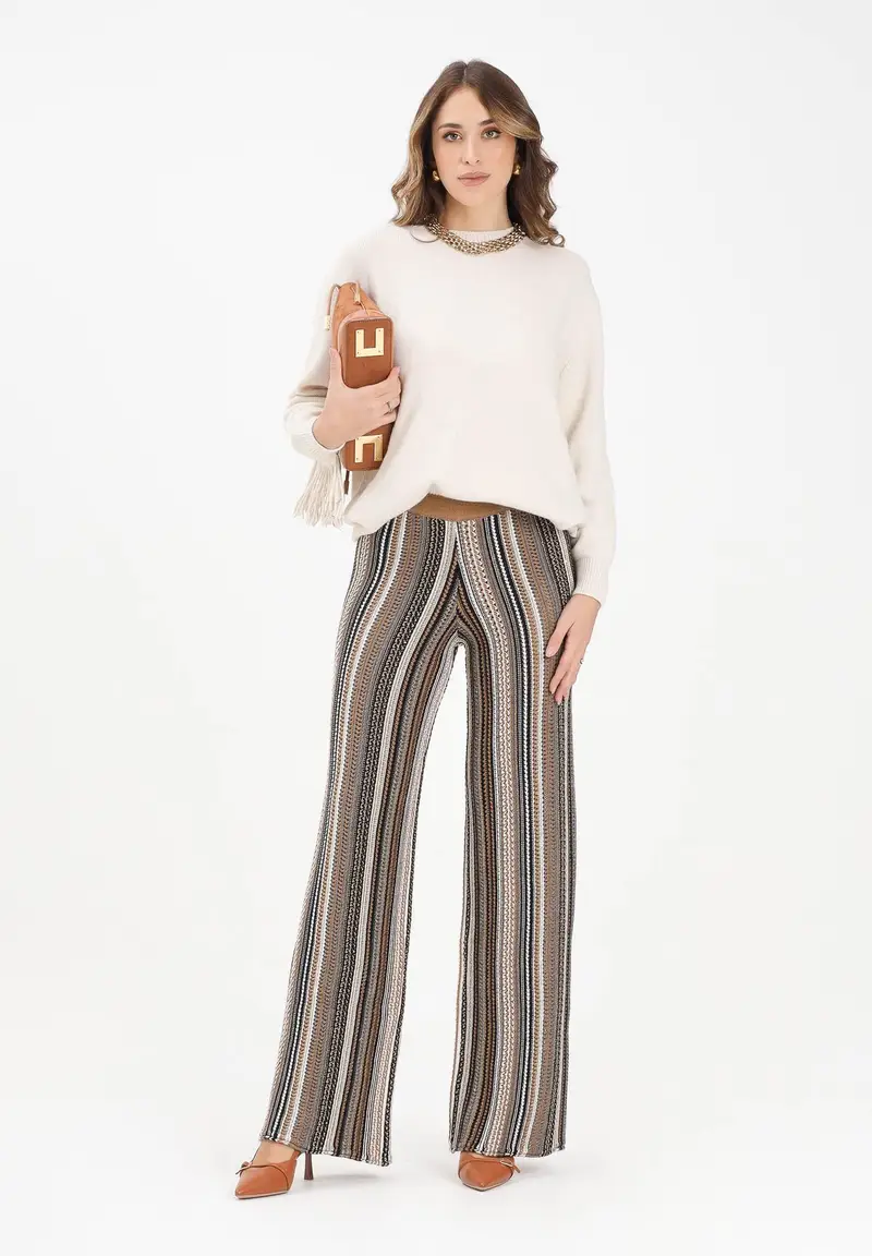 Pantalone a gamba dritta in maglia lavorata con righe multicolor da donna miniatura 2