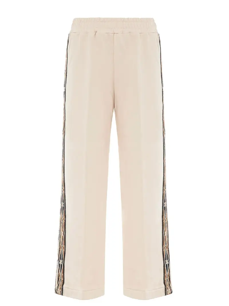 Pantalone panna con bande laterali ricamate