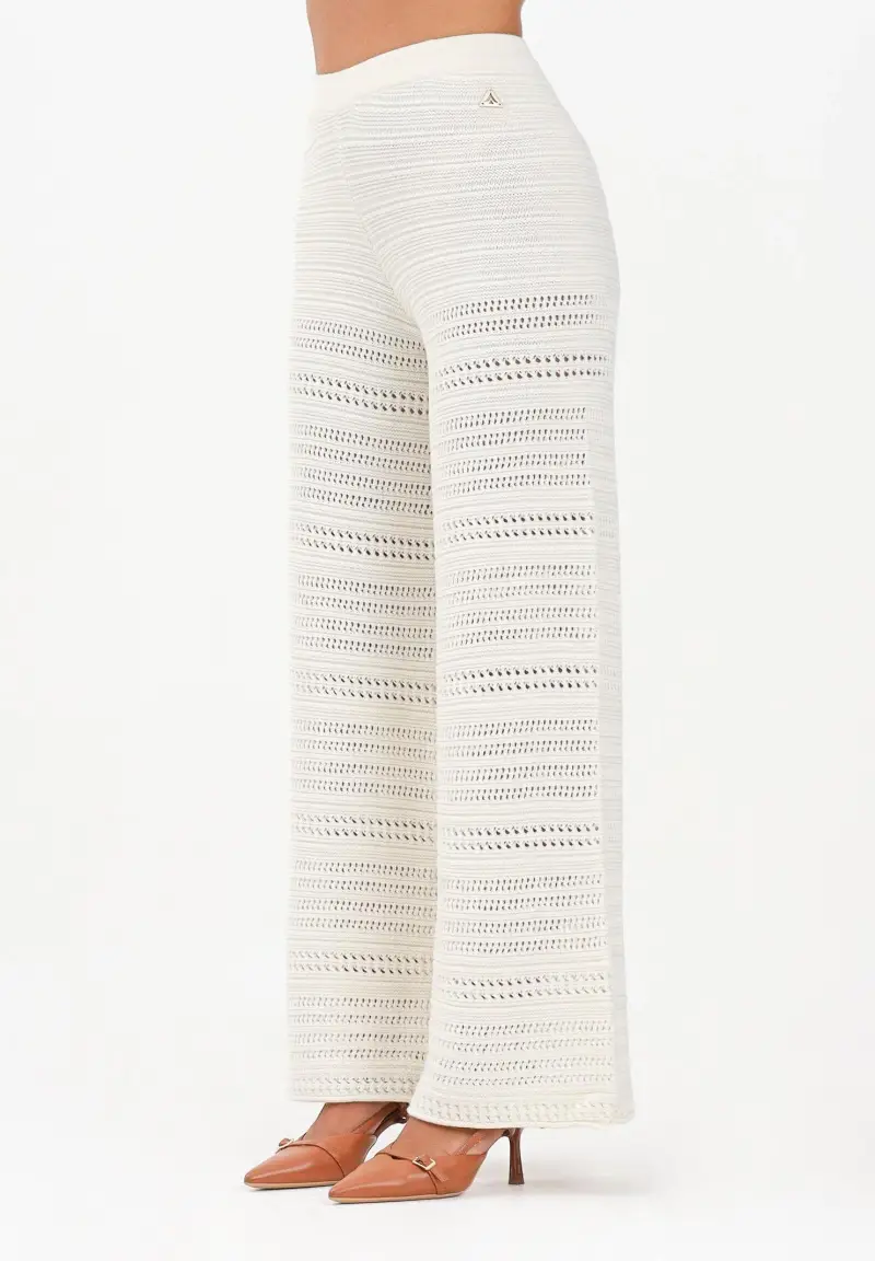 Pantalone panna da donna in maglia traforata