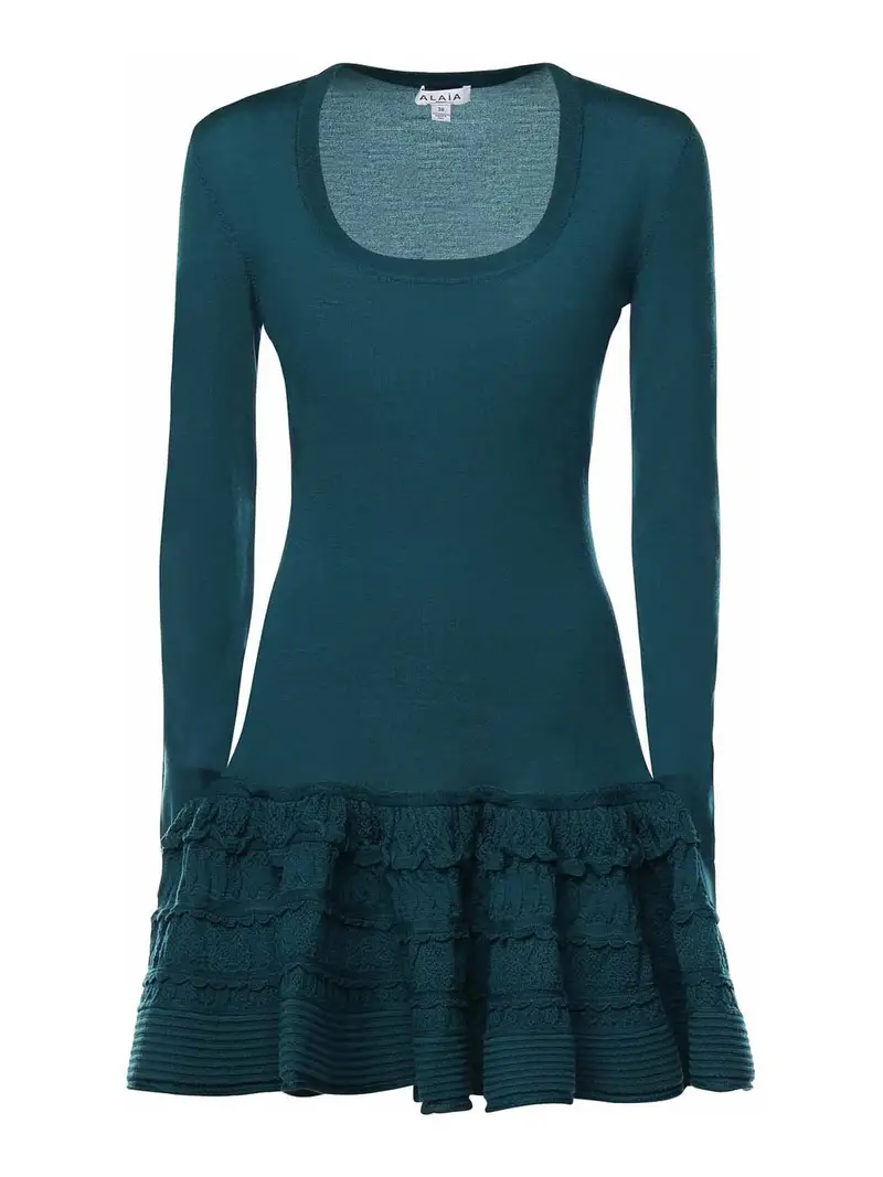 Abito in crinolina di lana con volant Verde