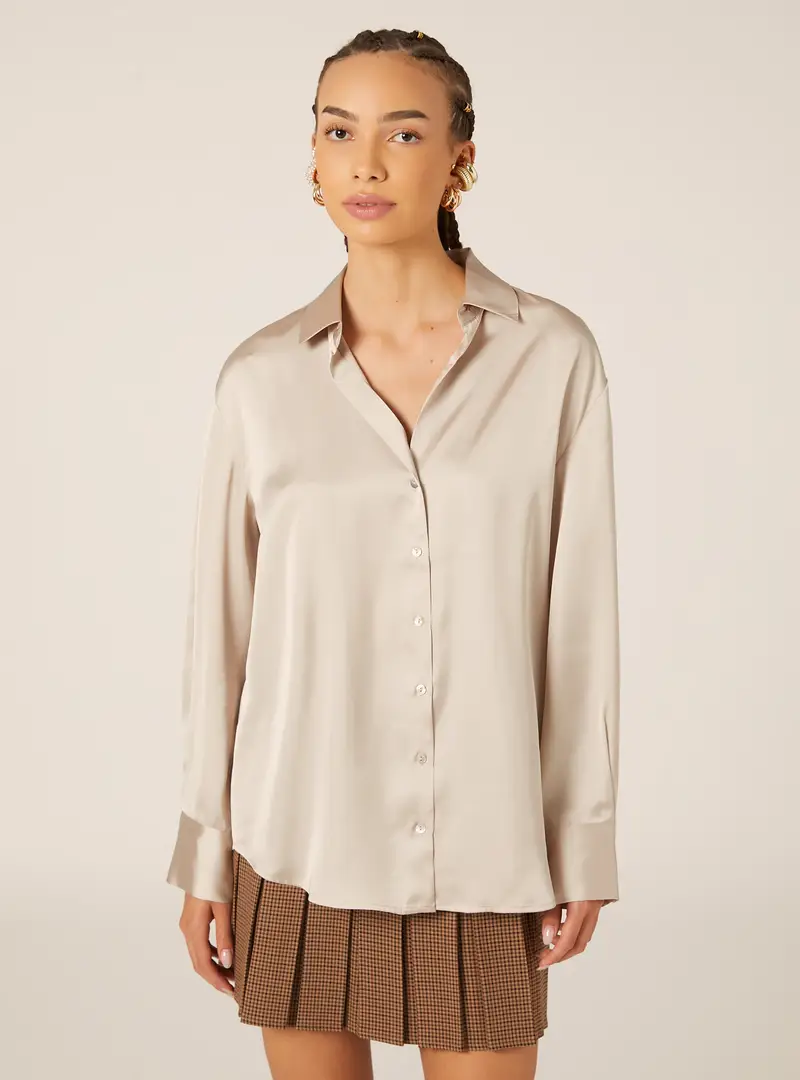 Camicia in satin in tinta unita BG2 BEIGE