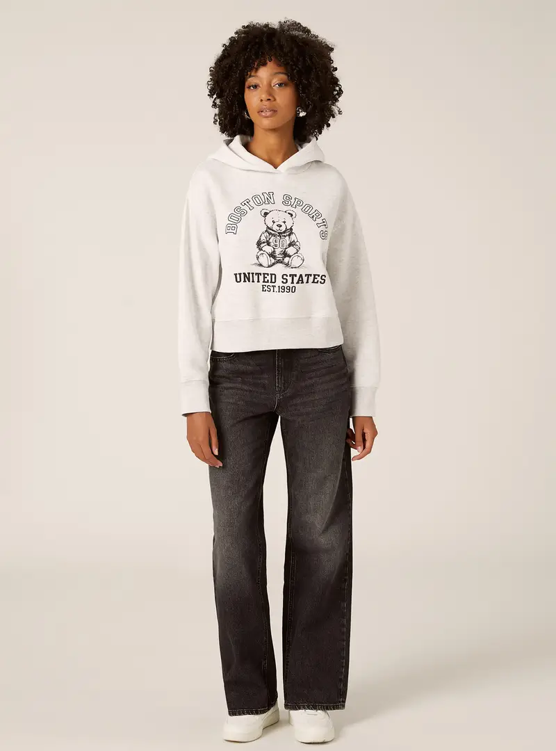 Felpa boxy cappuccio con stampa teddy