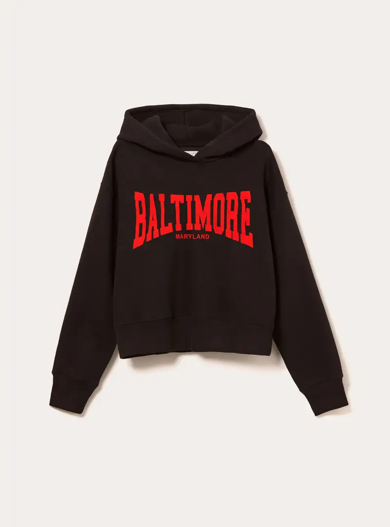 Felpa boxy con cappuccio e stampa city BK1 BLACK