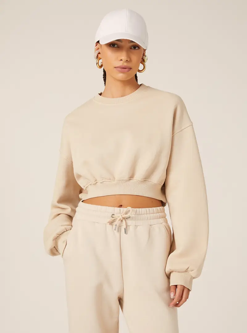 Felpa girocollo in cotone crop