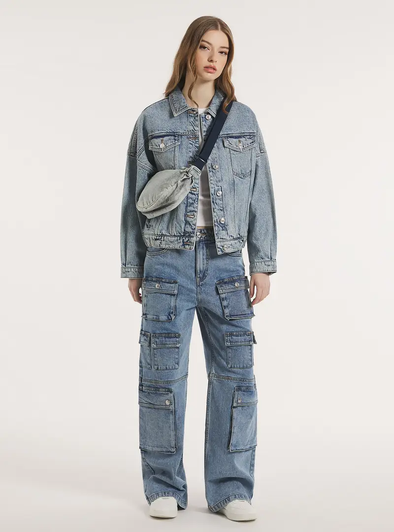 Giubbotto boxy fit in denim con elastico in vita D006 BLUE