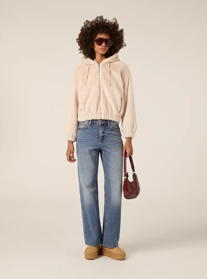 Giubbotto con cappuccio in pelliccia sintetica BG3 BEIGE