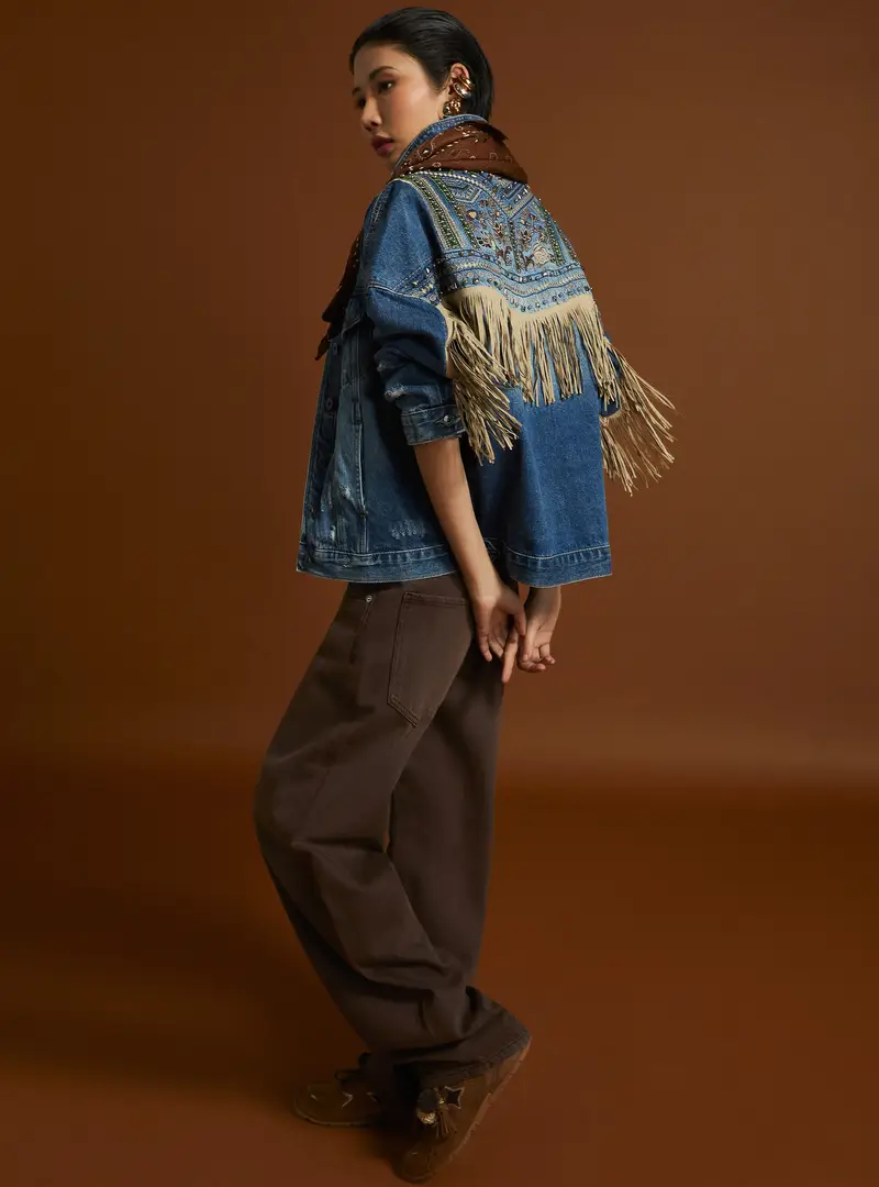 Giubbotto in denim con frange D004 BLUE