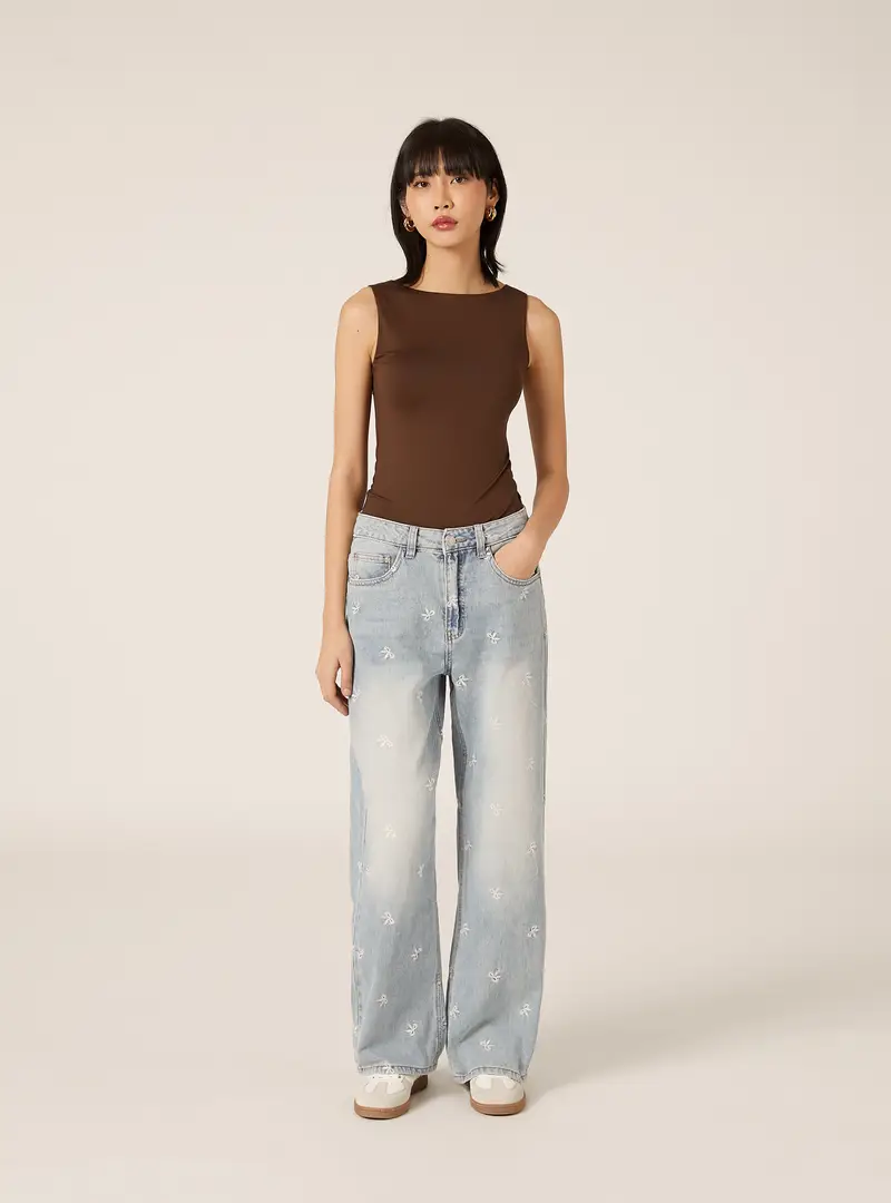 Jeans straight fit con fiocchi ricamati D006 BLUE