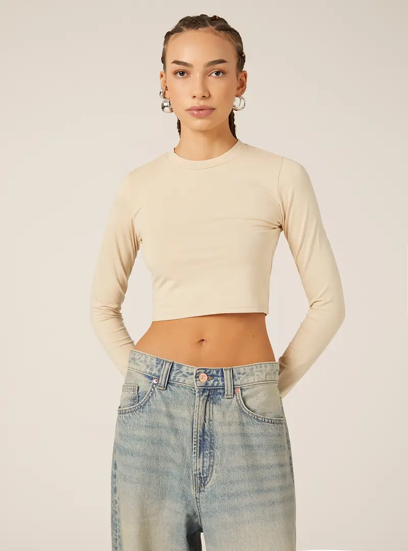 Maglietta cropped a maniche lunghe BG3 BEIGE