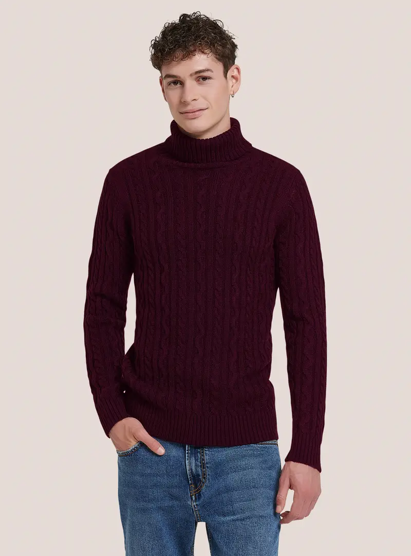 Pullover collo alto con trecce BO2 BORDEAUX