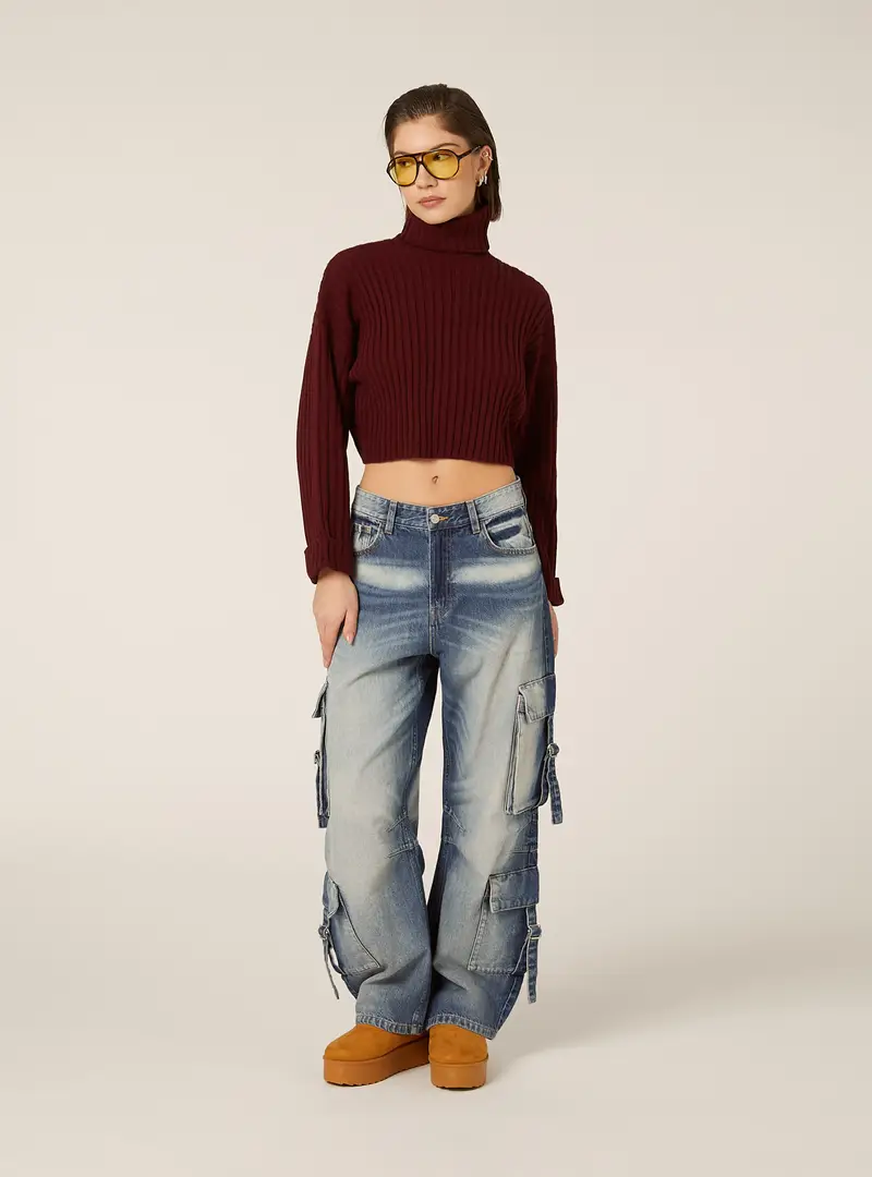 Pullover cropped a collo alto BO1 BORDEAUX