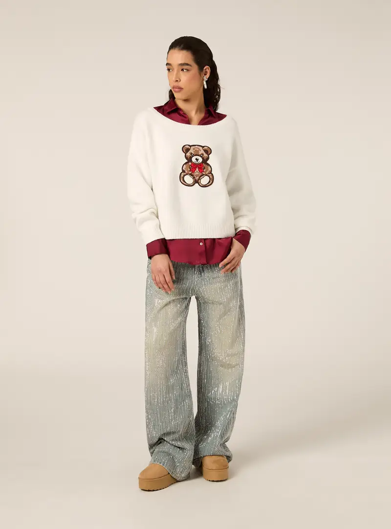 Pullover teddy con scollo asimmetrico WH2 WHITE