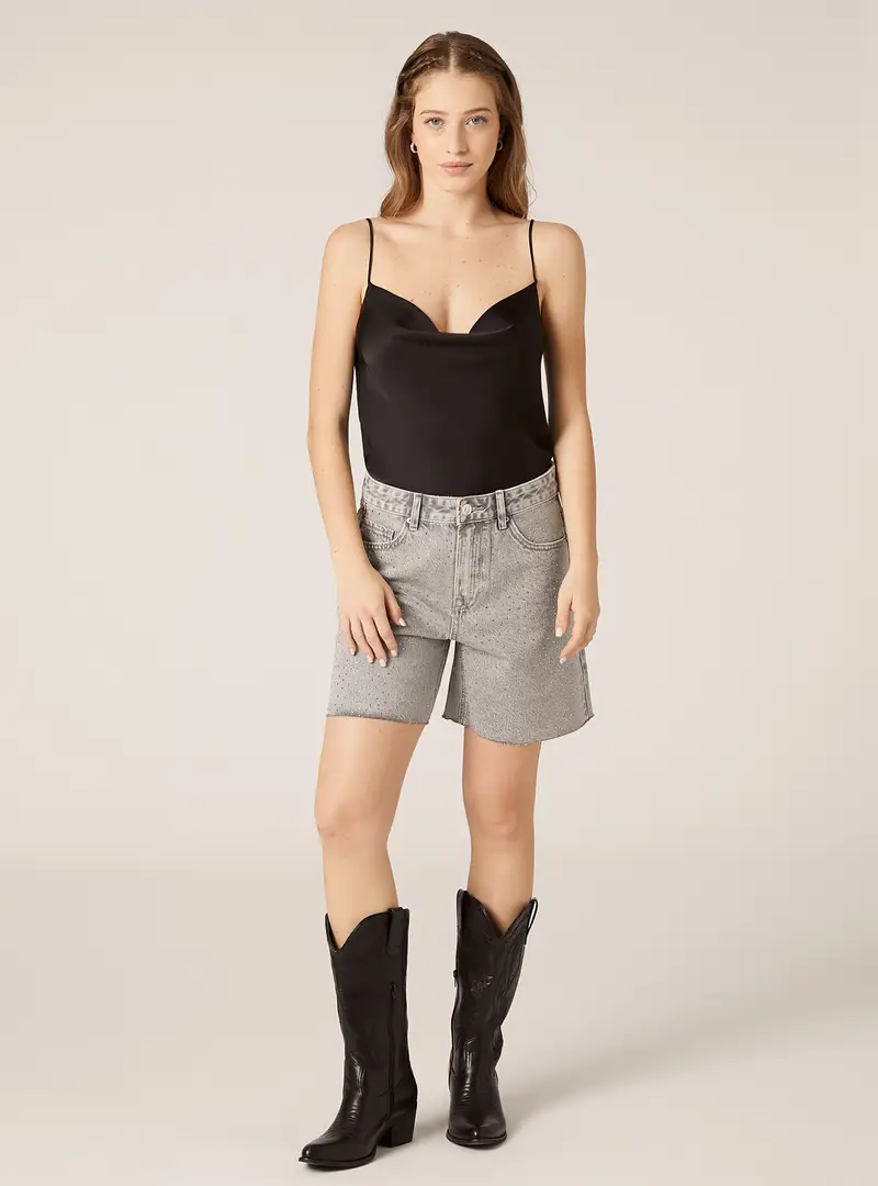Shorts in denim longline con strass D00G GREY