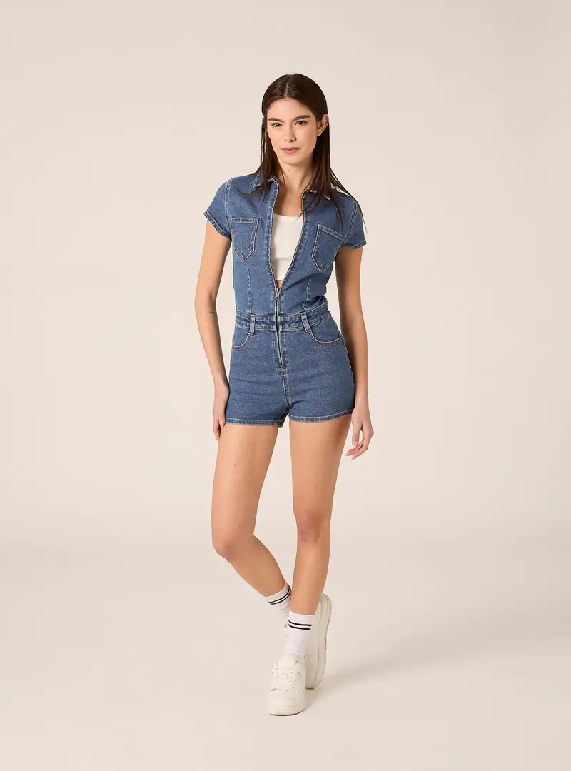 Tuta intera in denim corta D003 BLUE