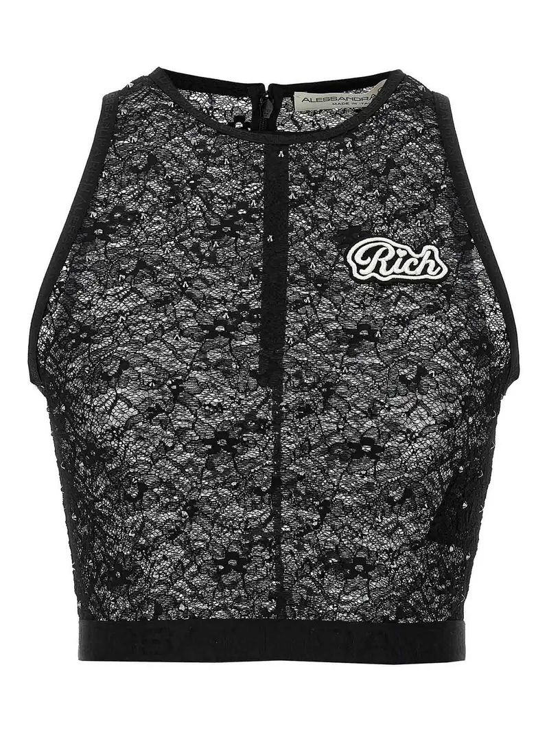 Top in pizzo con strass Nero