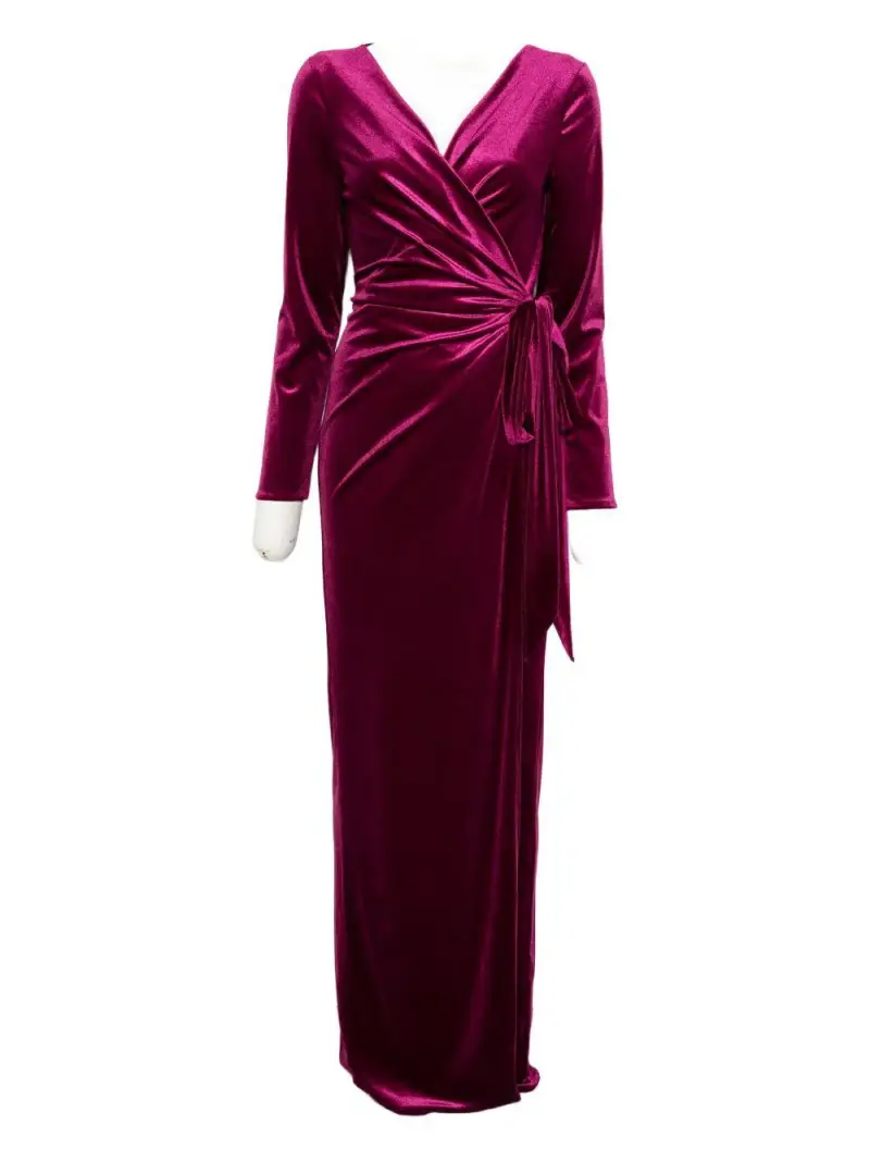 Abito Lungo con Nodo Frontale e Maniche Lunghe Bordeaux
