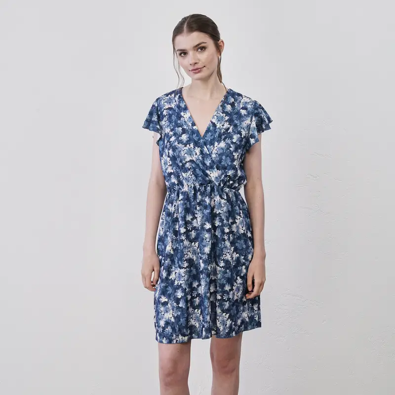 Abito azzurro corto da donna in stampa floreale