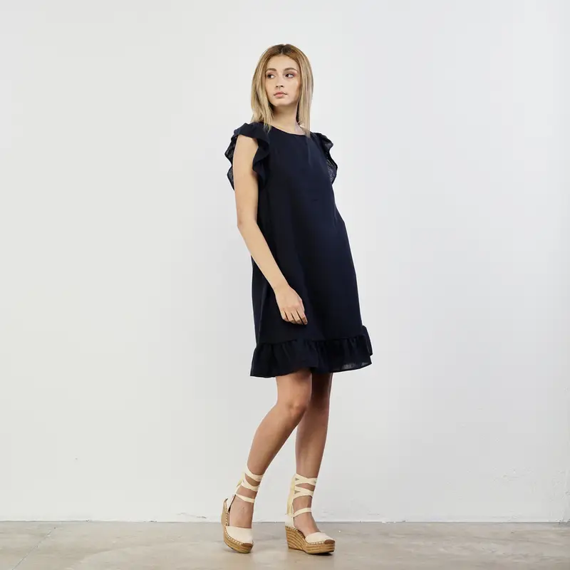 Abito blu corto senza maniche con balze