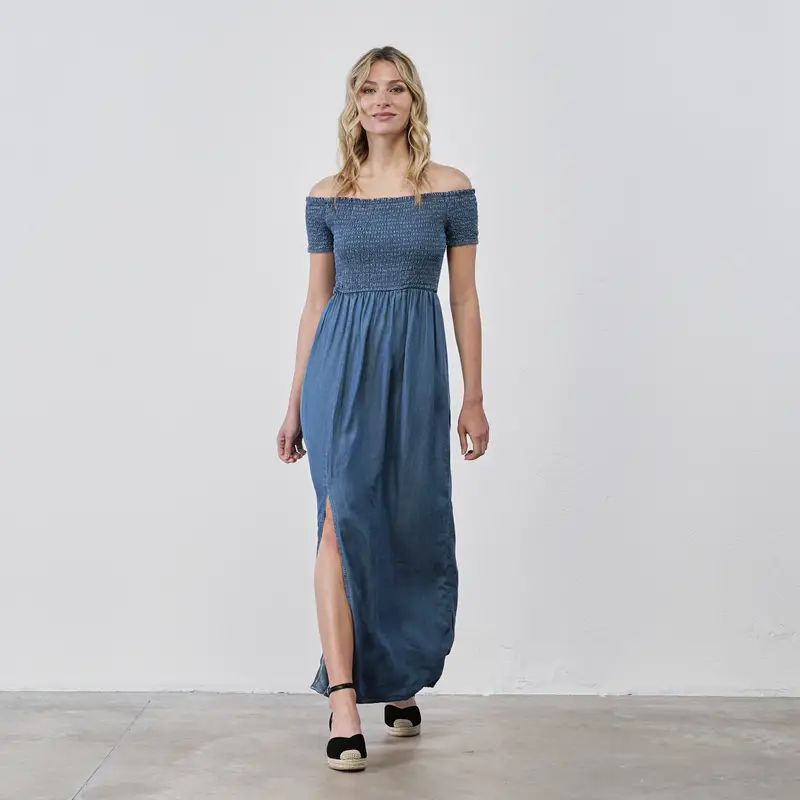 Abito blu lungo da donna senza spalle con spacco