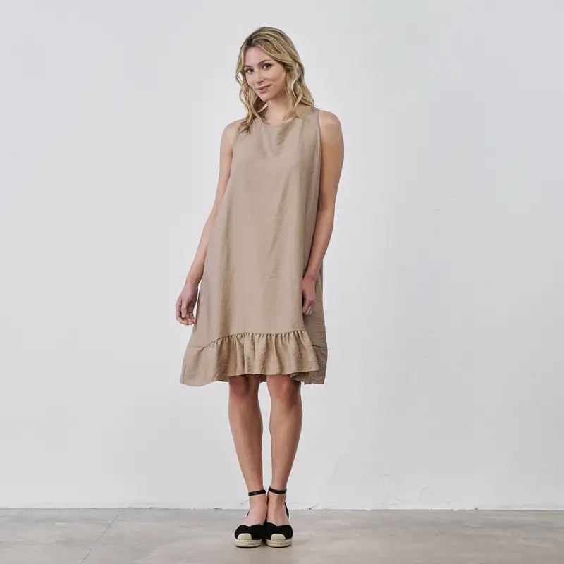 Abito corto ampio beige da donna senza maniche con balza e dettaglio fiocco posteriore