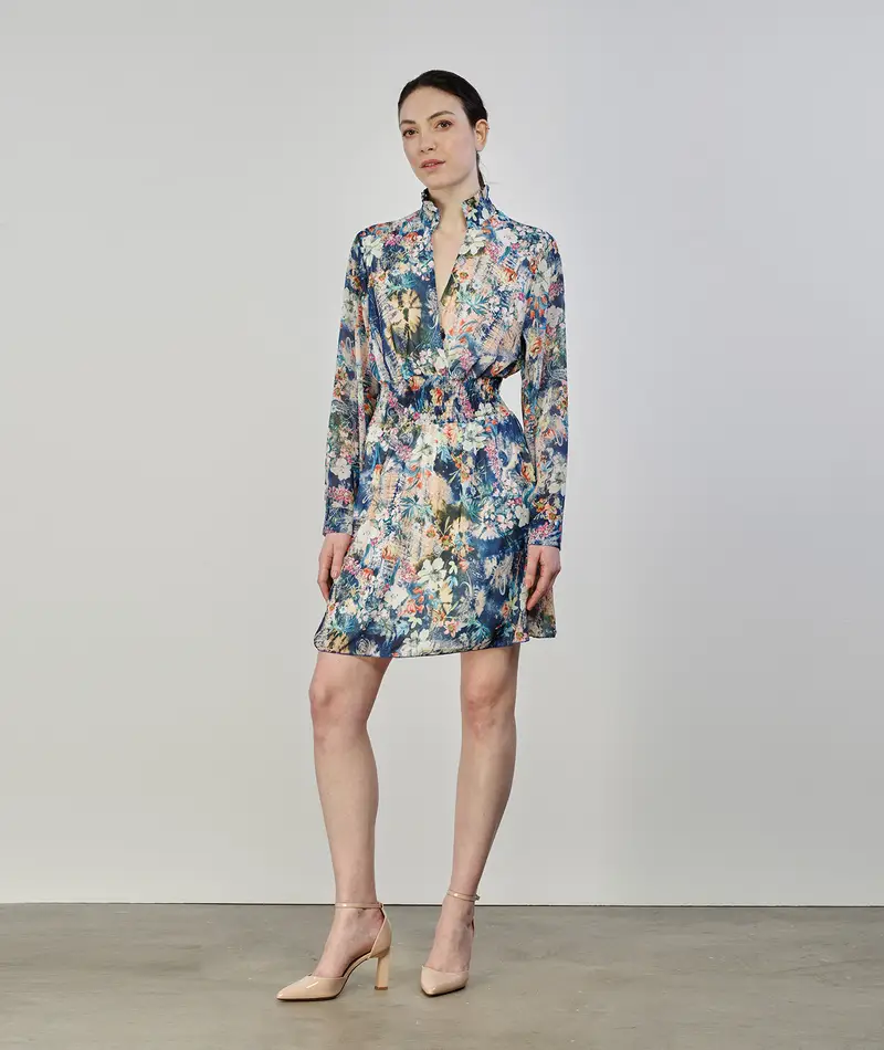 Abito corto blu multicolor in fantasia floreale