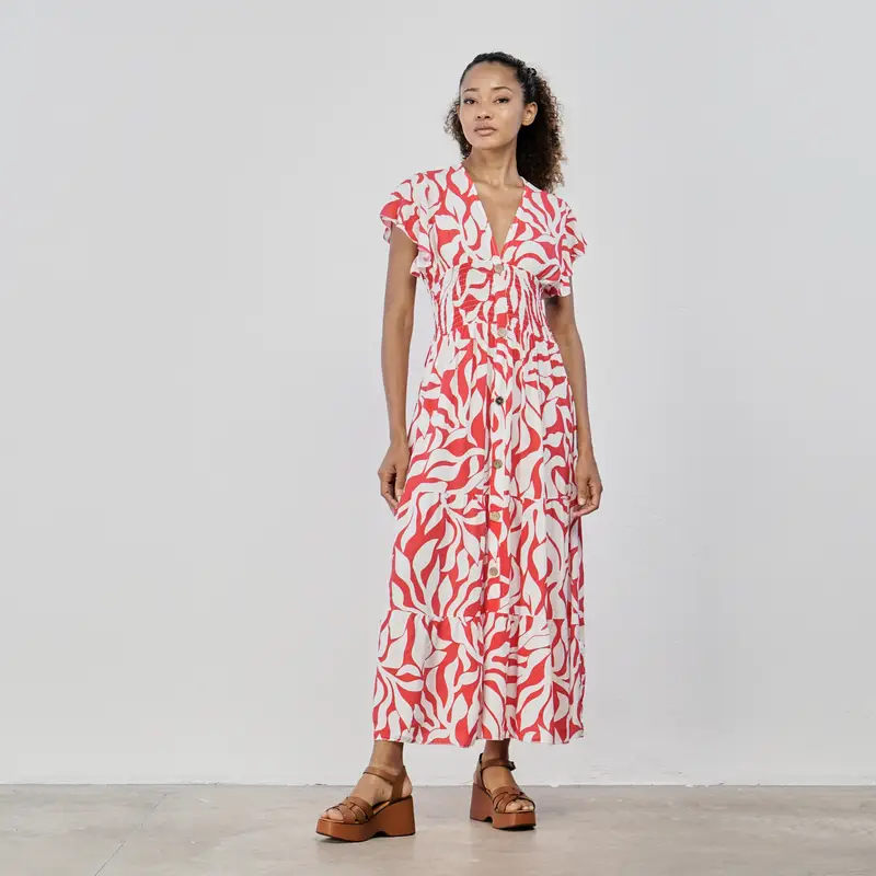 Abito lungo bianco e rosso con bottoni e stampa fiori