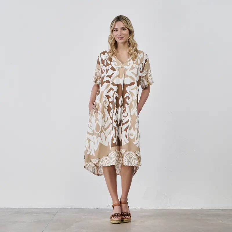 Abito midi ampio marrone e beige da donna in stampa floreale