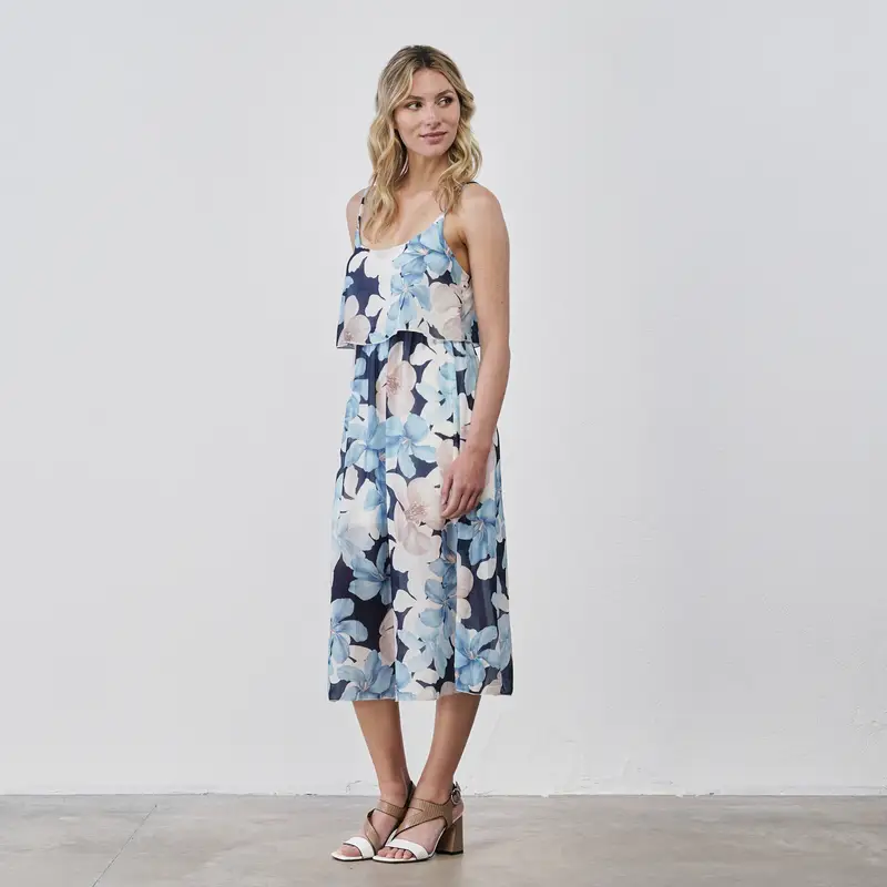 Abito midi azzurro da donna senza maniche con stampa floreale