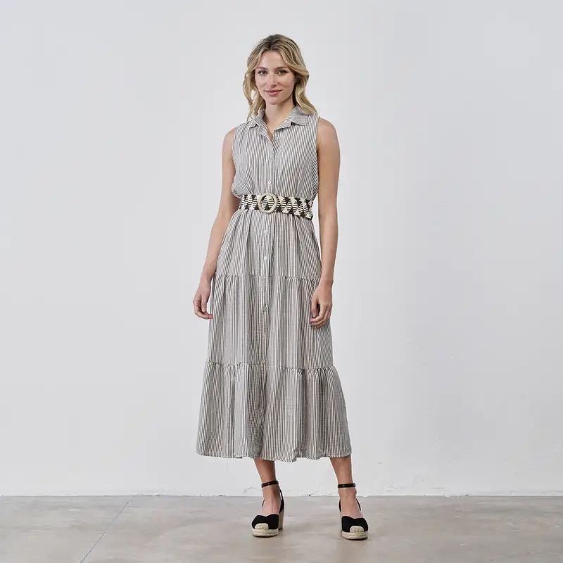 Abito midi da donna a righe marrone e bianco senza maniche con bottoni e cintura