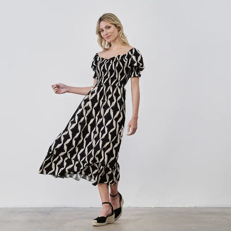 Abito midi nero da donna in stampa geometrica con maniche a sbuffo